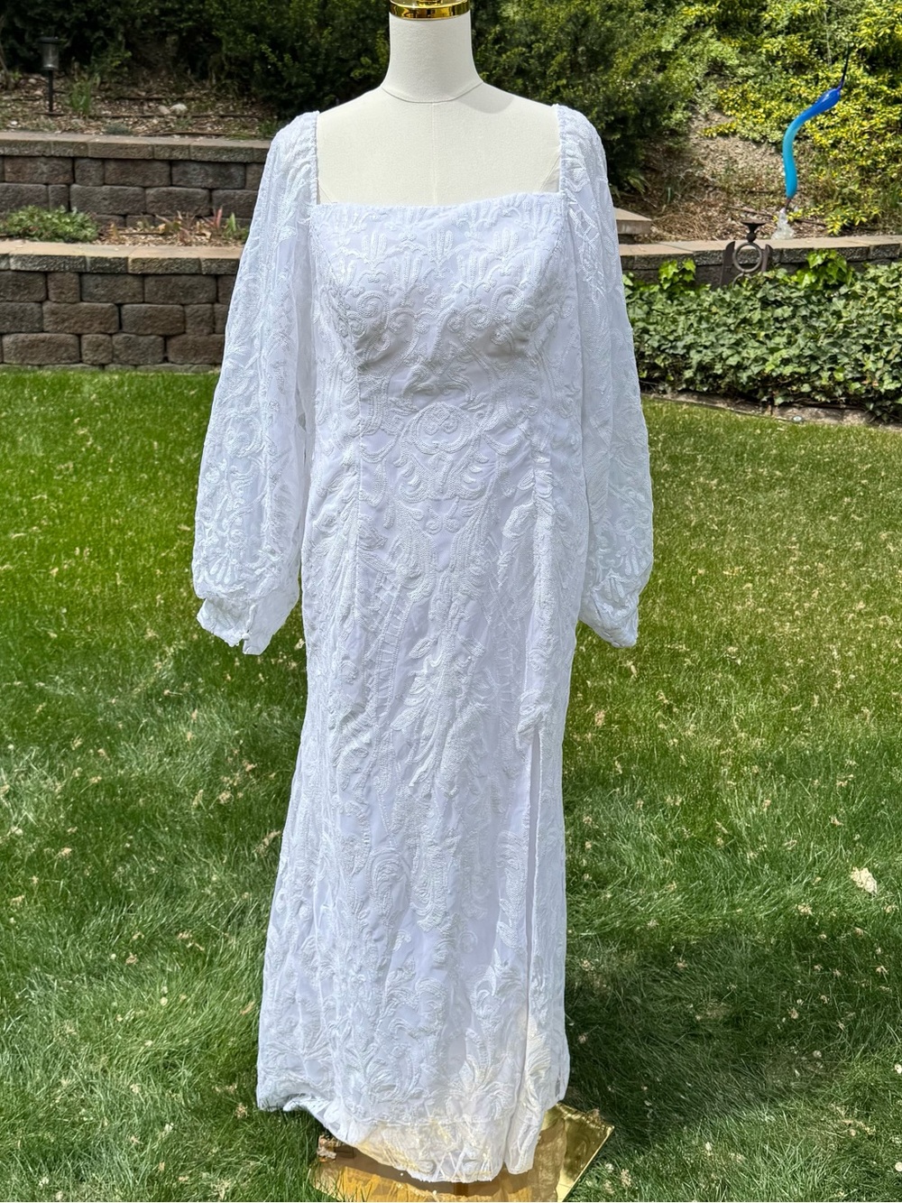 NWT White sequined Square-Neck Long Sleeve Dress
